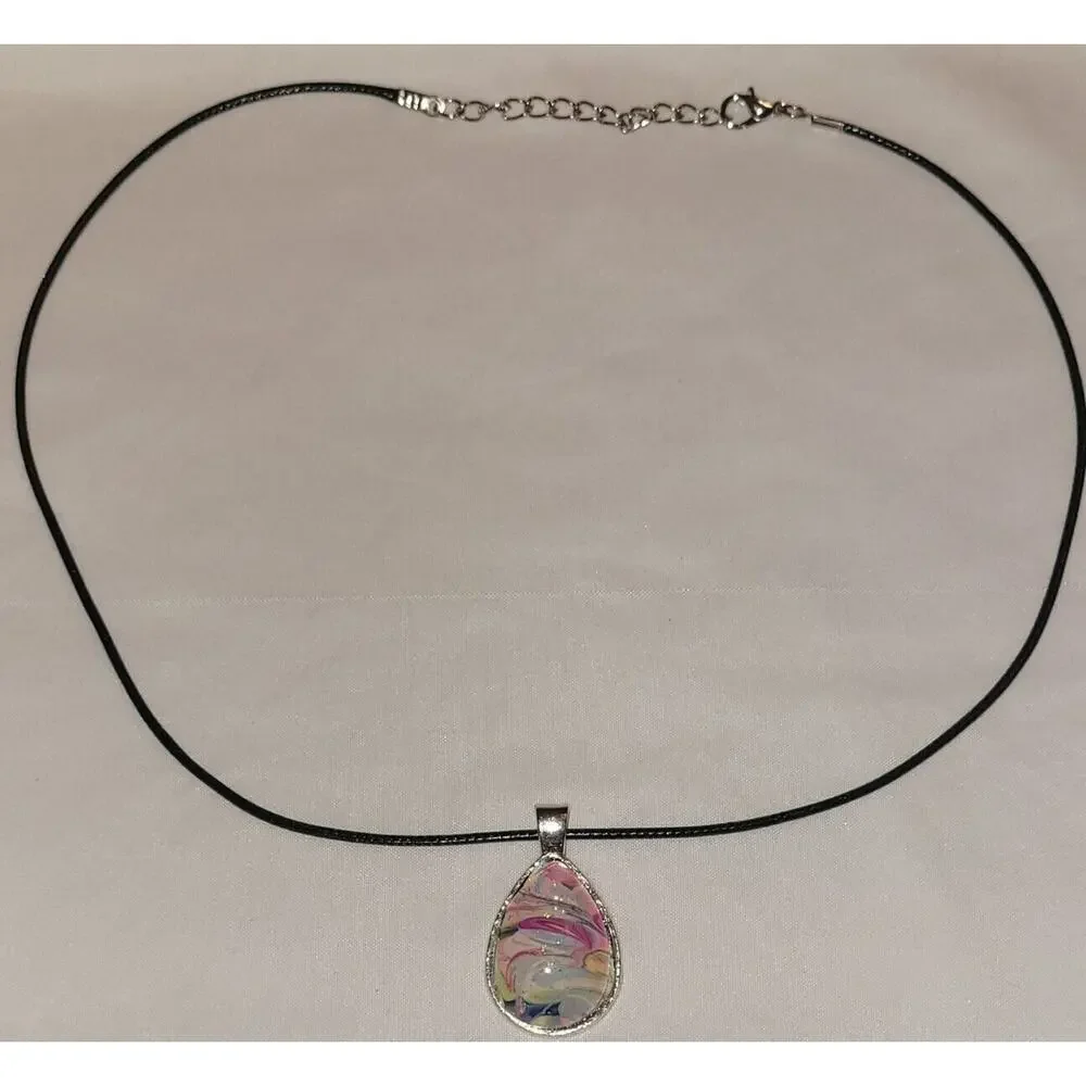 Handmade Acrylic Skin Pendant Necklace Teardrop Pink Blue White Silver Black - Picture 3 of 4